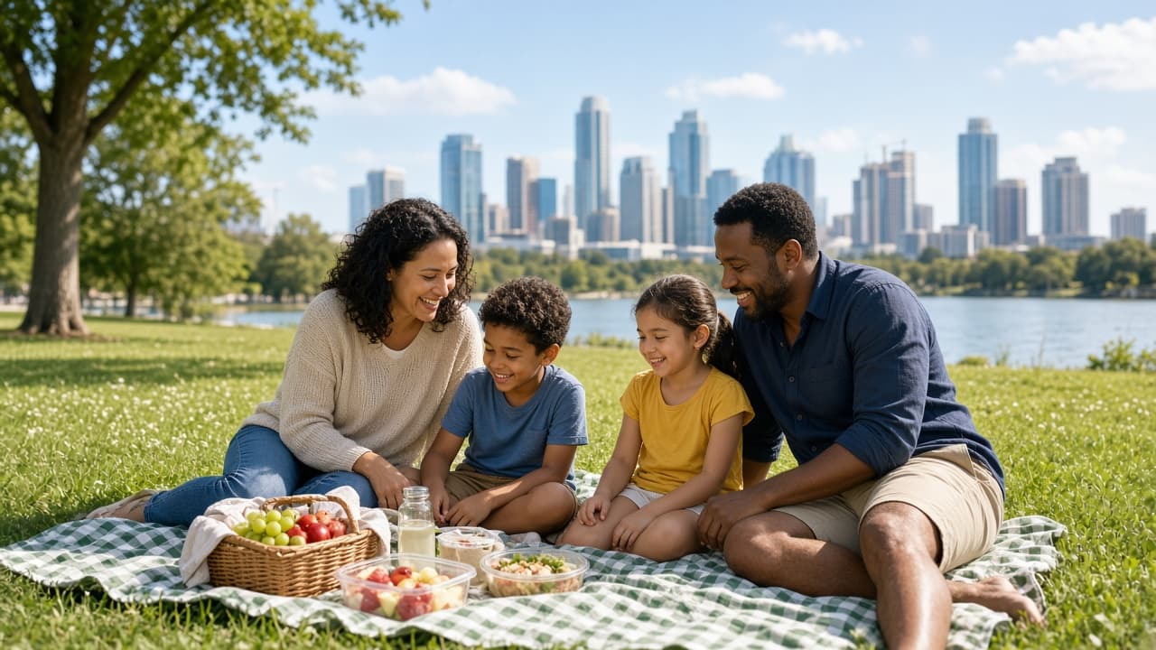 People picnicking near Lady Bird Lake with the Austin skyline