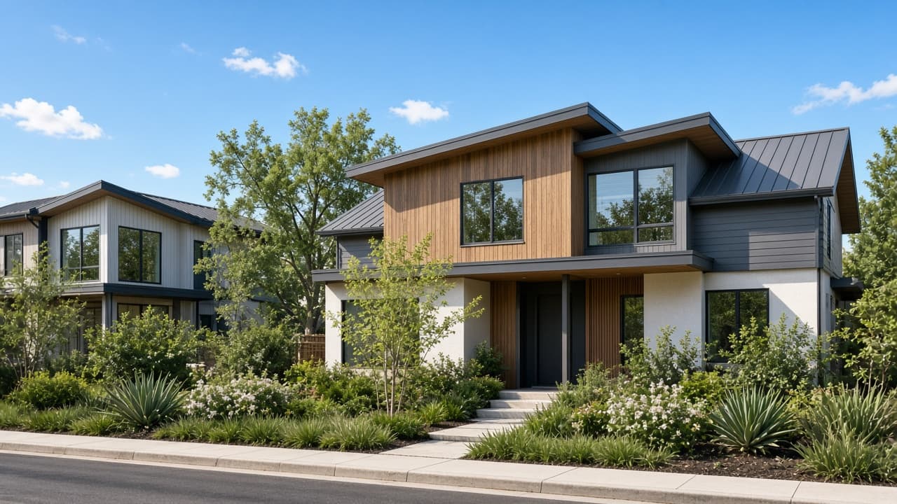 Modern Austin infill homes on a clear day