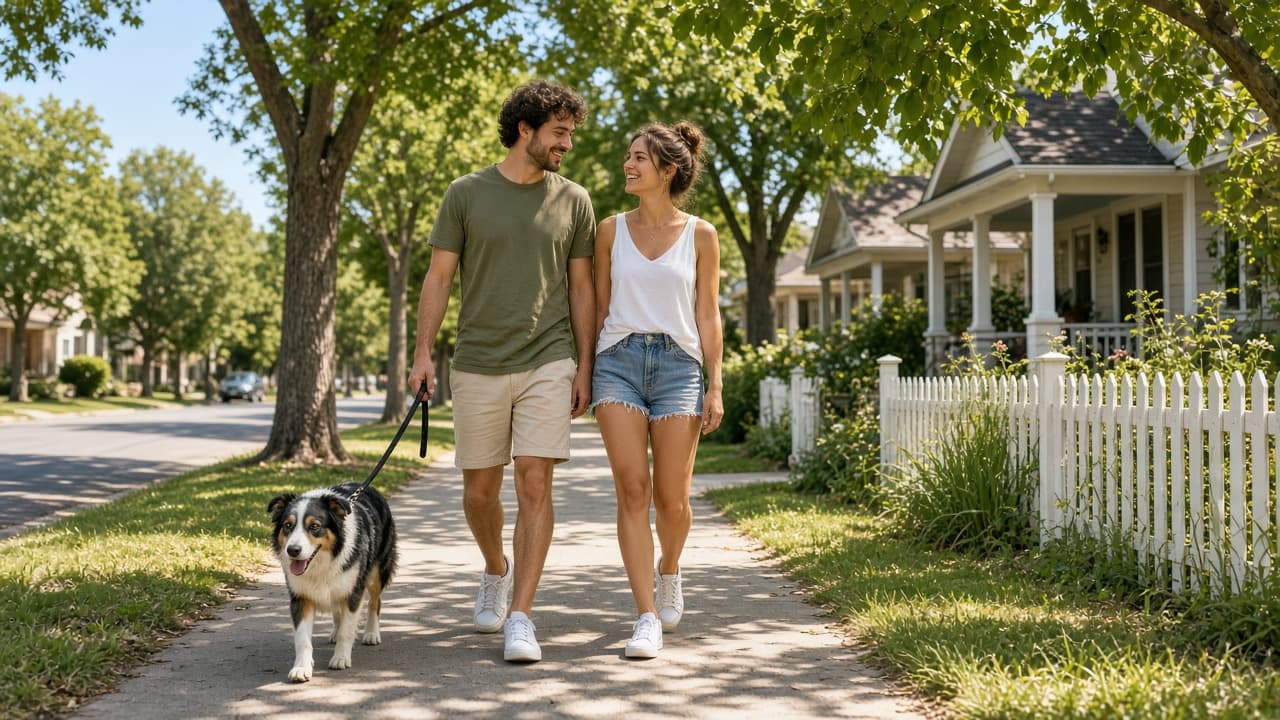 Couple walking their dog on a sunny Central Austin street
