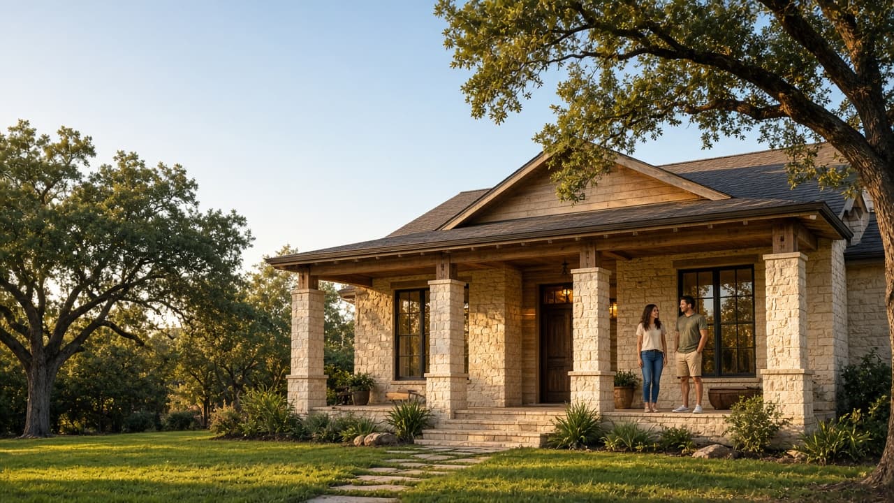 Couple on the porch of a limestone Austin house in late-afternoon sun